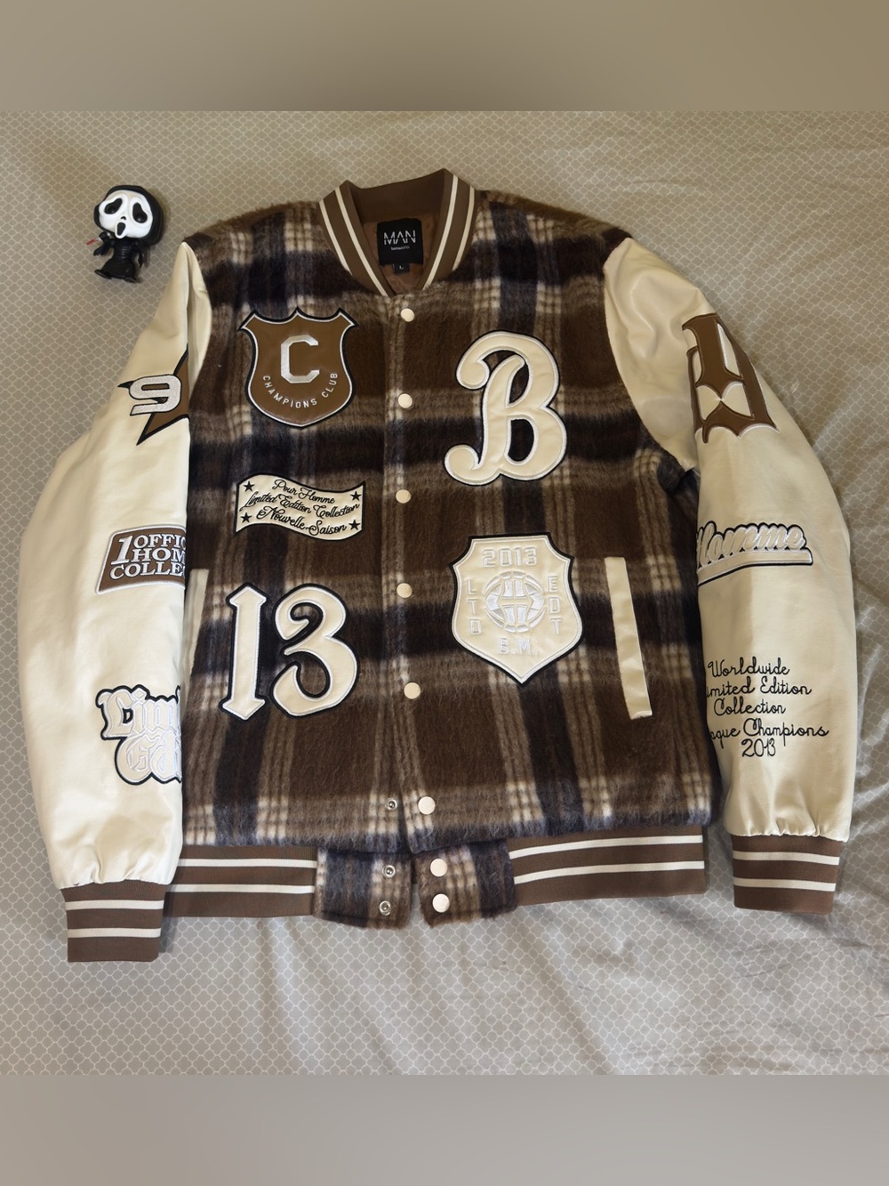MAN Signature Brown Plaid Varsity Jacket with Cream Leather Sleeves